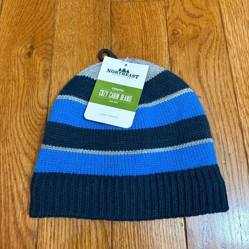 Northeast Outfitters Youth Cozy Cabin Beanie Blue Striped Fleece Lined CCAYH403